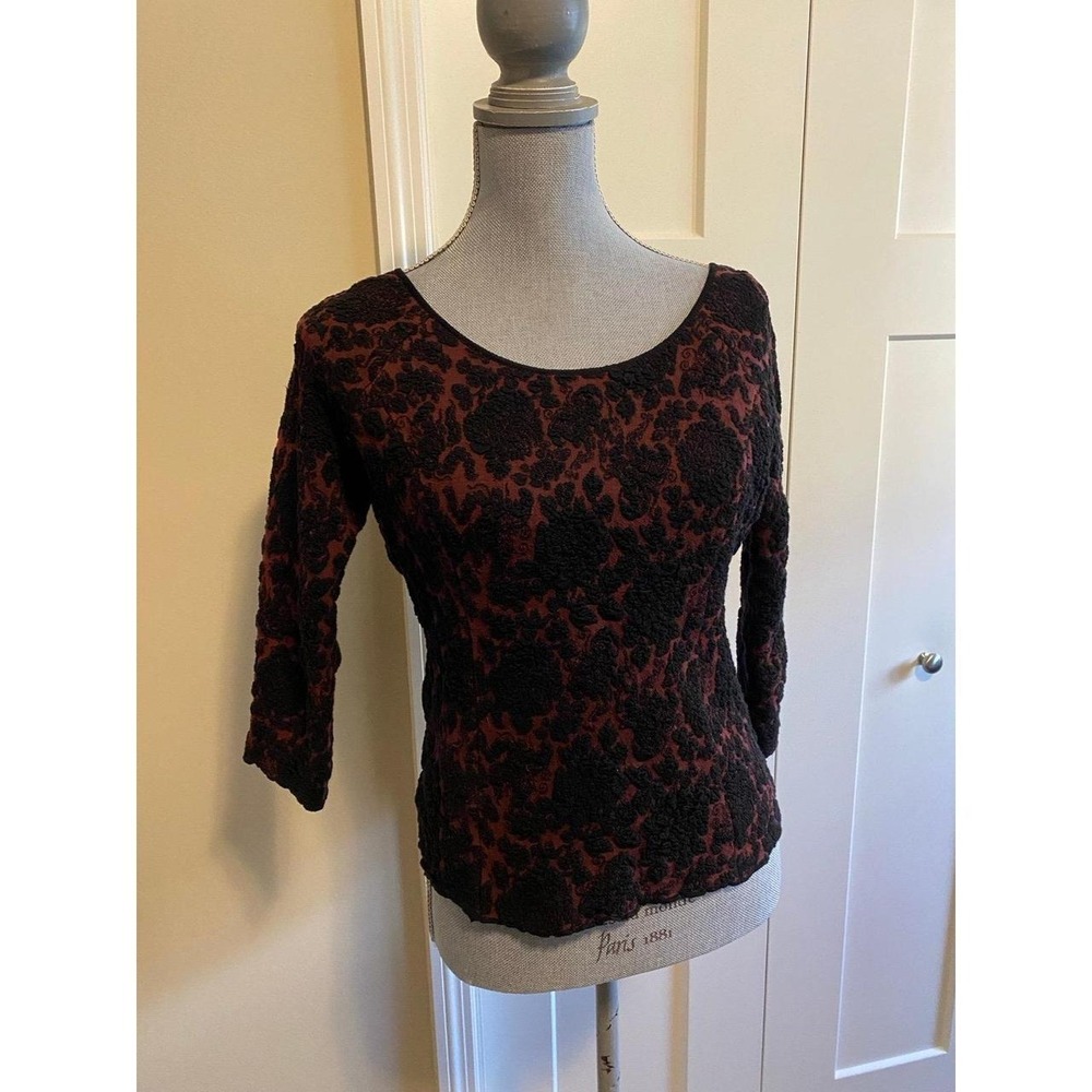 Peruvian Connection Black Burgundy Textured Floral Cardigan Button Back Knit s12
